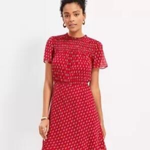 Loft NWT Women's Red Paisley Smocked Flare Mini Dress Size 8